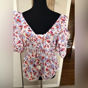 Anthropologie Maeve  Floral Puff-Sleeve Tie-Front Blouse